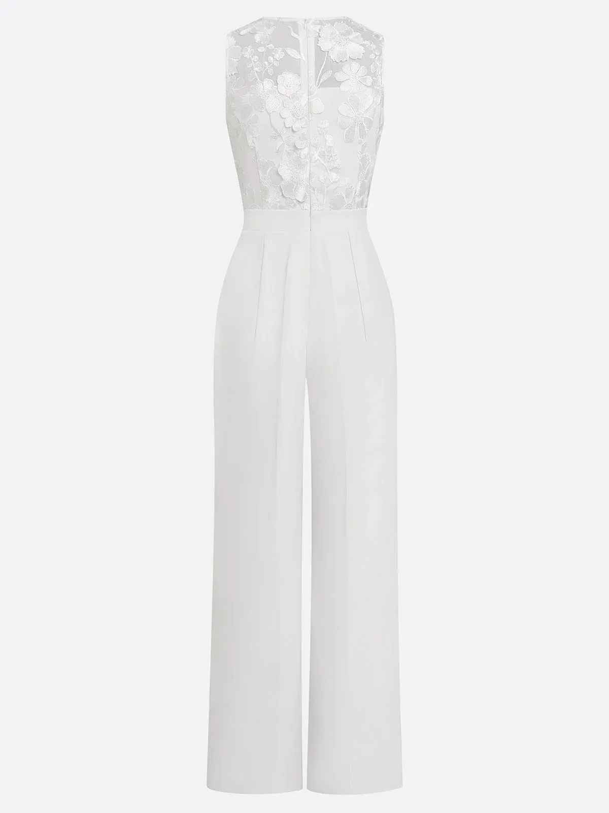 White 3D Floral Crew Neck Sleeveless Elegant Jumpsuit