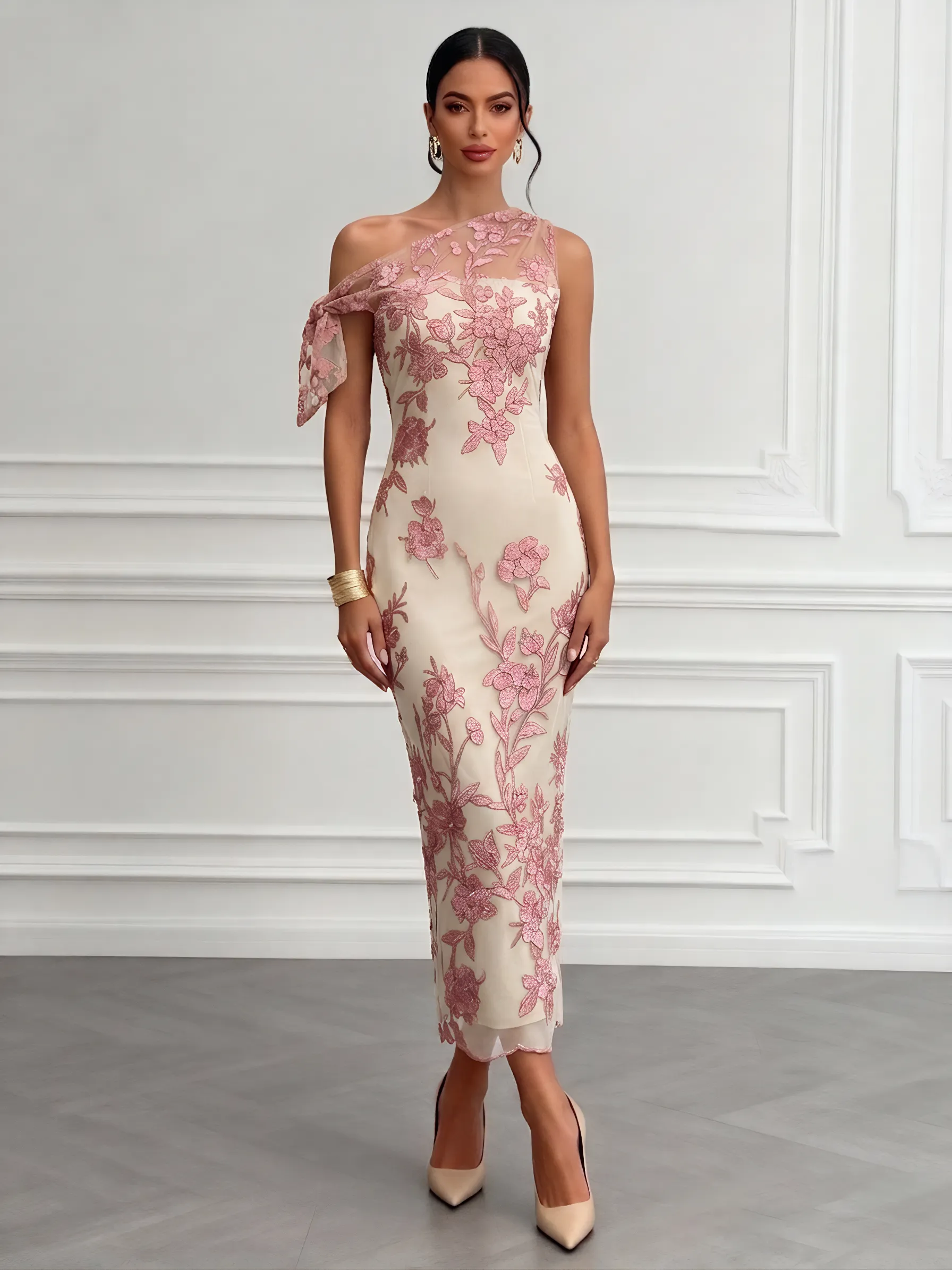Pink Bow Lace One-Shoulder Sleeveless Sheath Maxi Dress