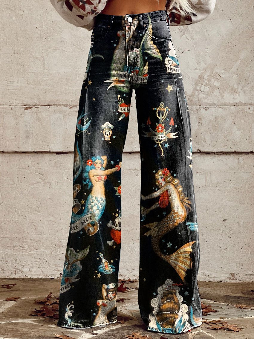 Vintage Mermaid Print Casual Wide-Leg Pants