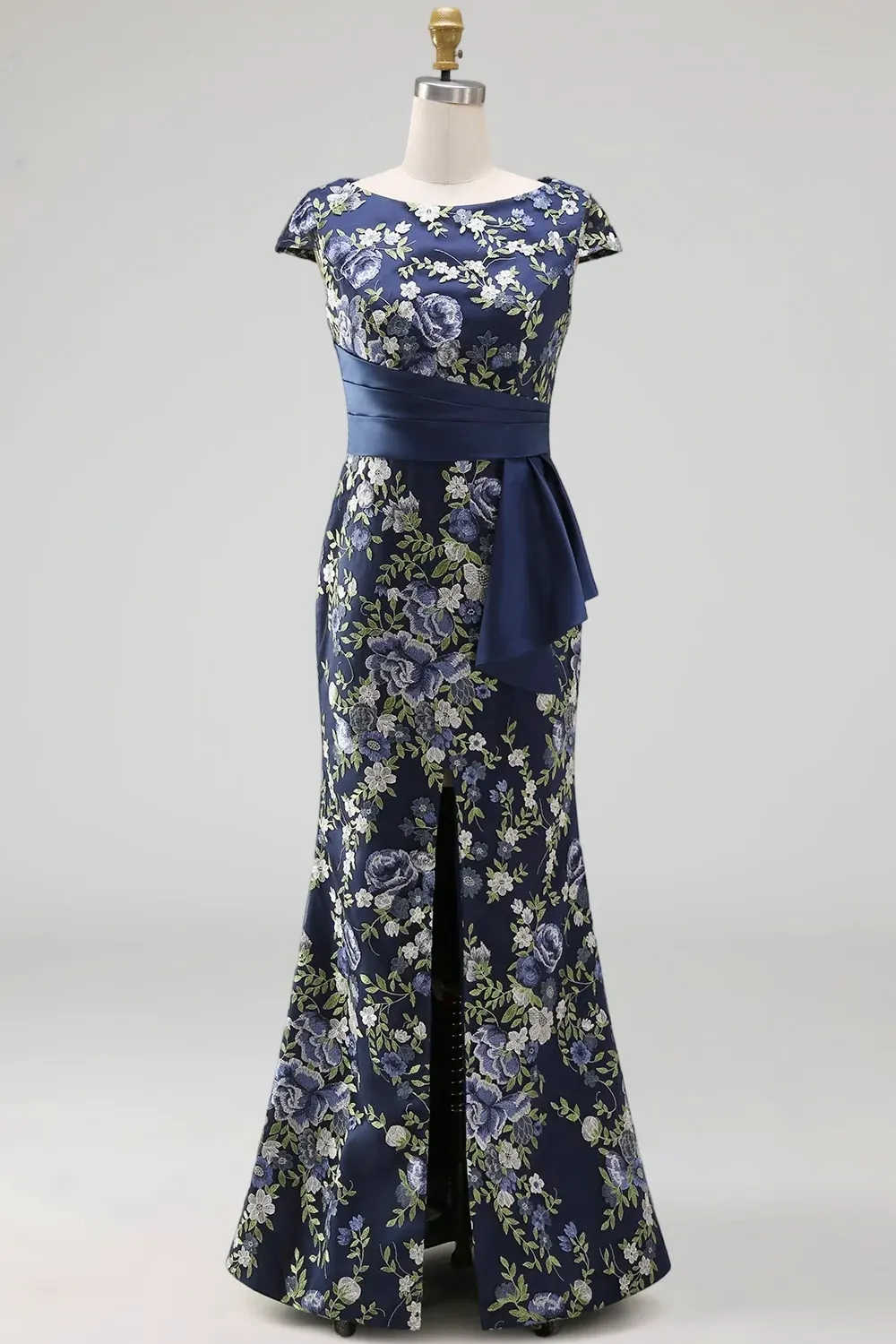 Navy Bateau Neck Cap Sleeve Floral Mermaid Maxi Dress