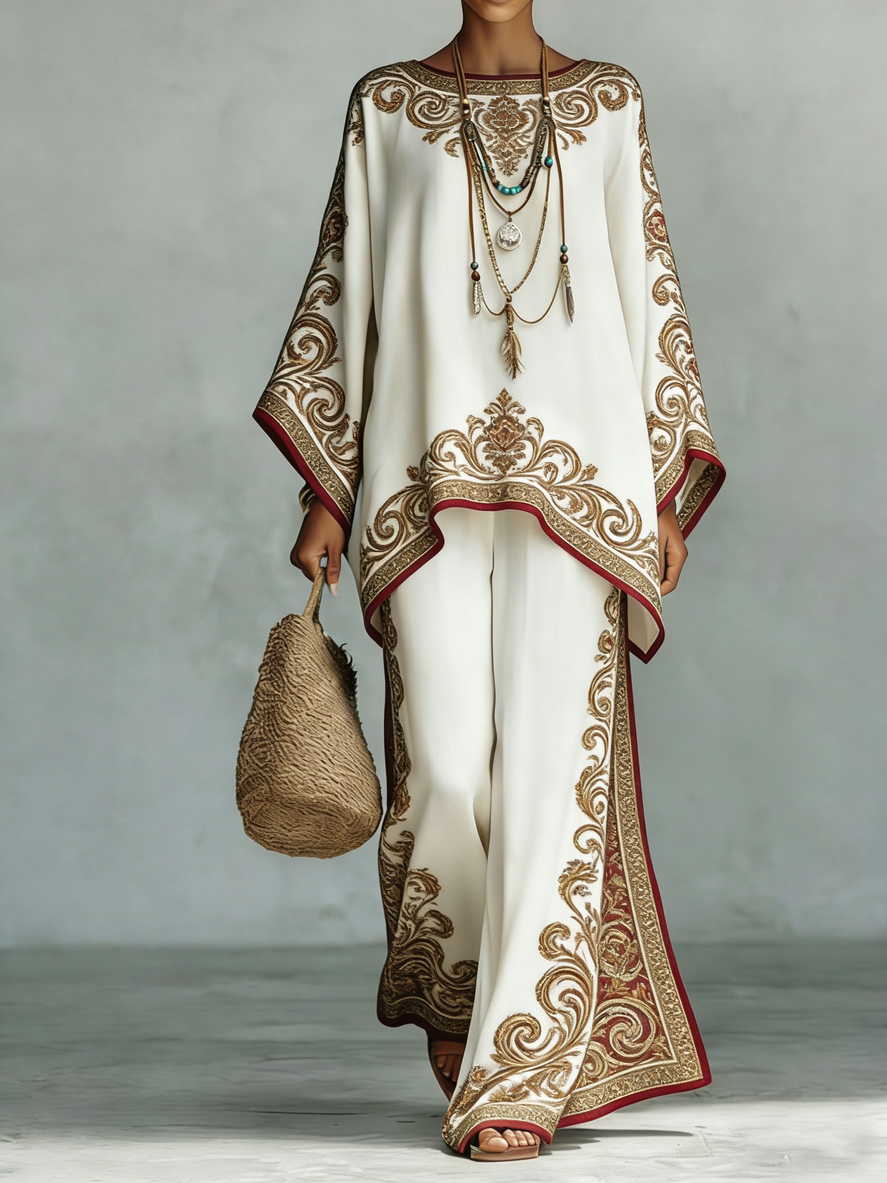 Comfortable & loose print pattern cotton & linen wide-leg pants two-piece set