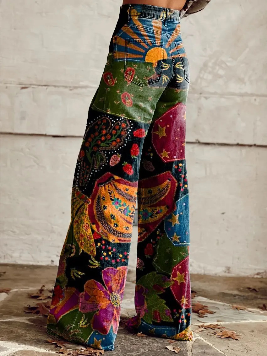 Vintage Print Casual Wide-Leg Pants