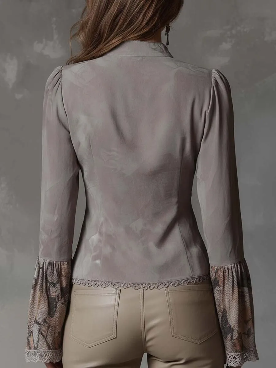 Vintage Patchwork Eco-Suede Blouse With Lace & Floral Prints