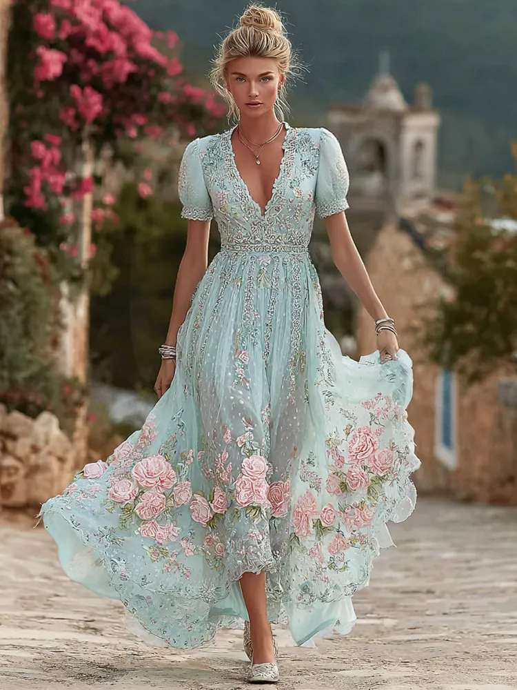 Women's Vintage Bohemian Floral Embroidery Casual Short Sleeve Dress