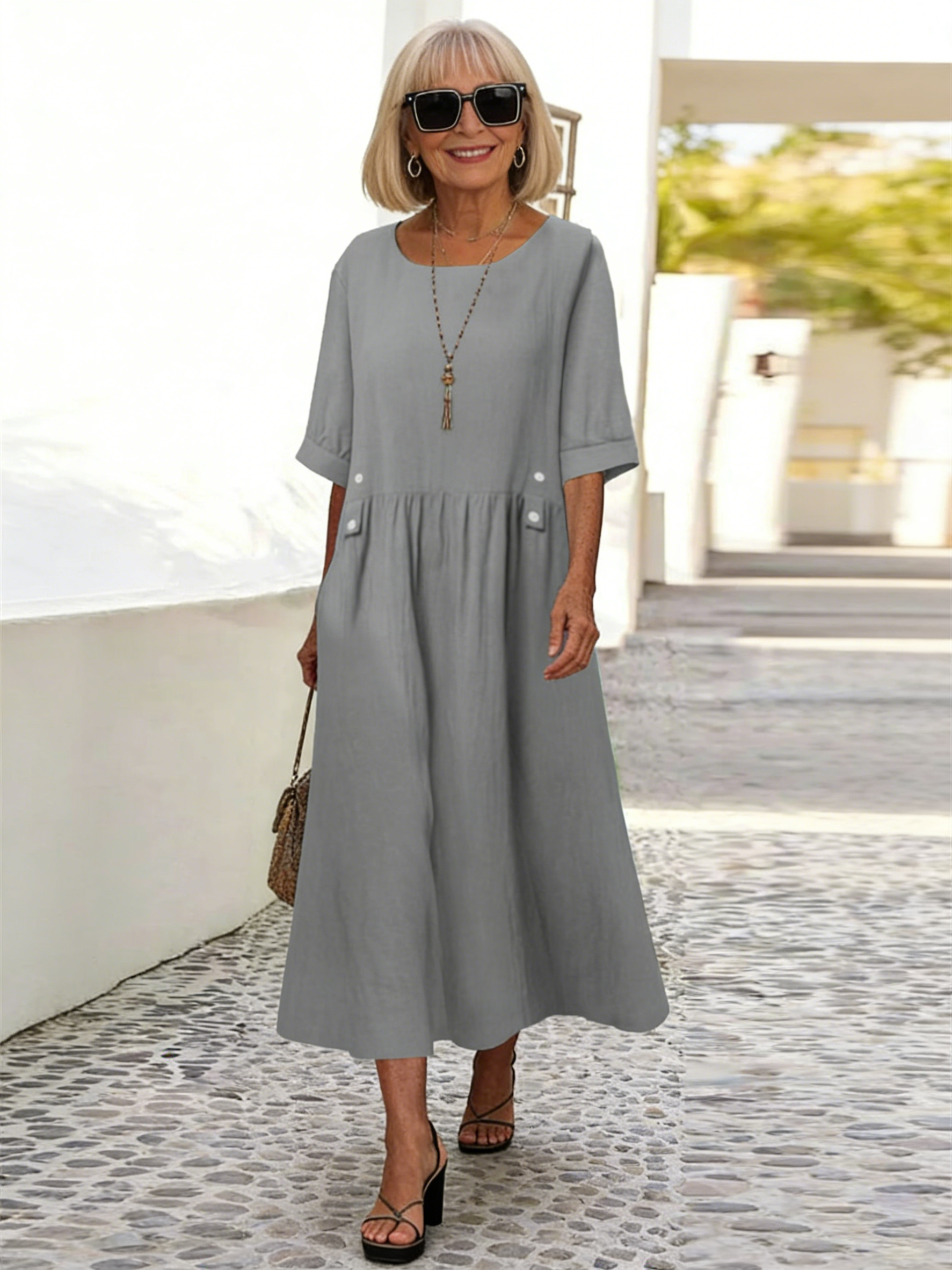 Linen-Blend Relaxed Midi Dress
