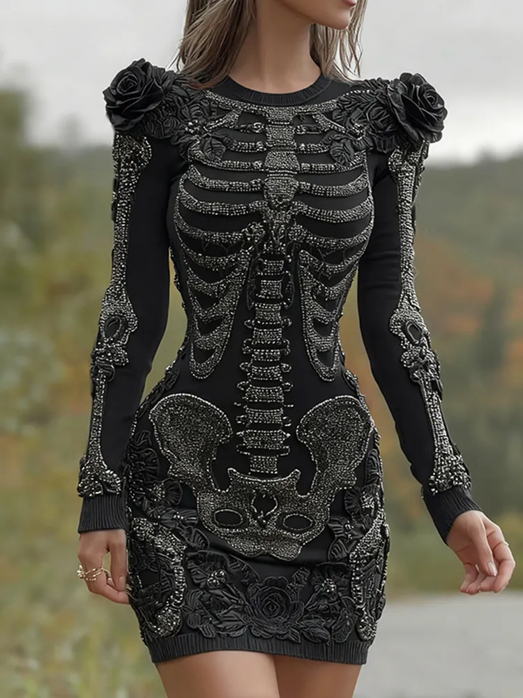 Women's Halloween Skeleton Bones With Black Rose Art Cozy Knit Mini Sweater Dress