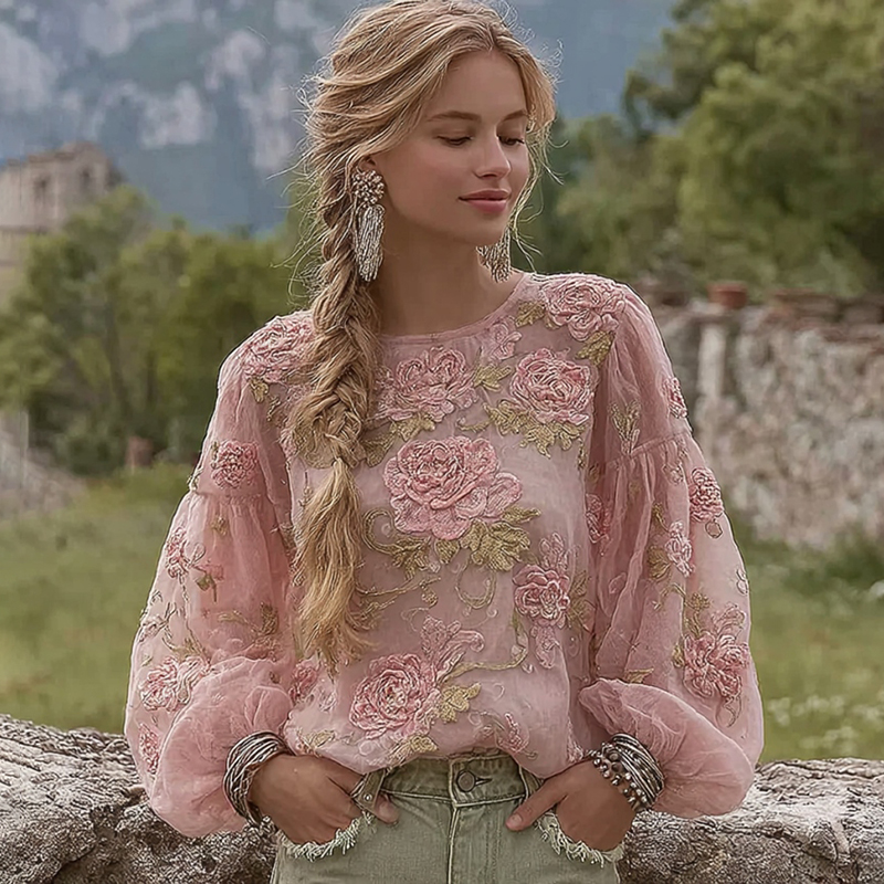 Elegant Bohemian-style Pink Rose Embroidered Comfortable Casual Waist-cinching Top