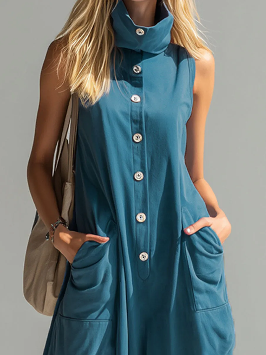 Loose-fitting High-neck Button-front Double-pocket Sleeveless Maxi Dress