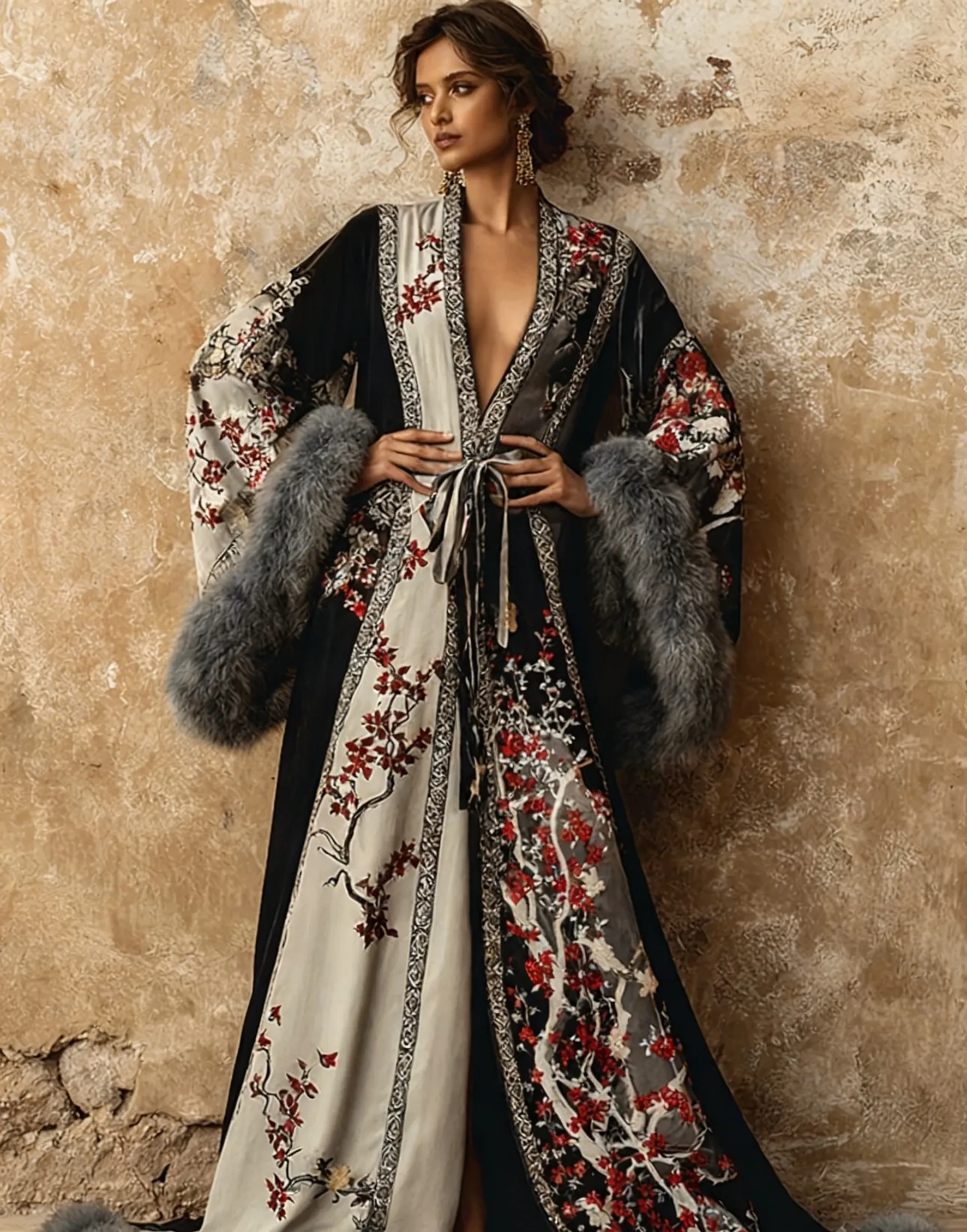 Women's Elegant Vintage Flower Art Print Robe