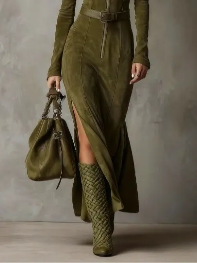 Vintage Green Zipper Belted Maxi Dress