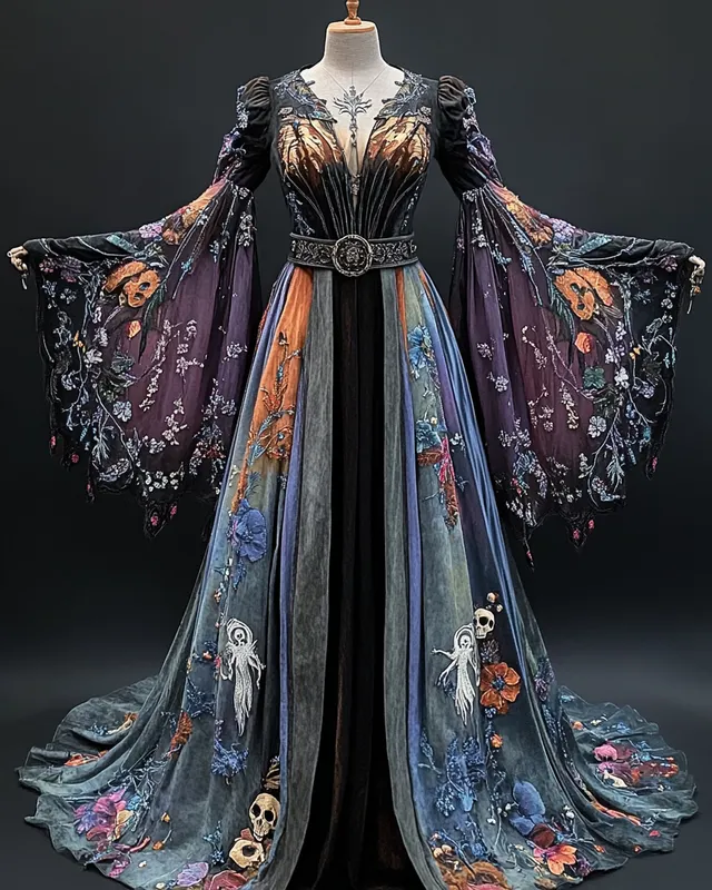 Women's Boho Witch Bat Wing Sleeve Contrast Evening Dress 4f91