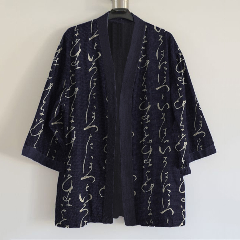 Japanese Traditional Sashiko Art Letter Print Blend Kimono Cardigan