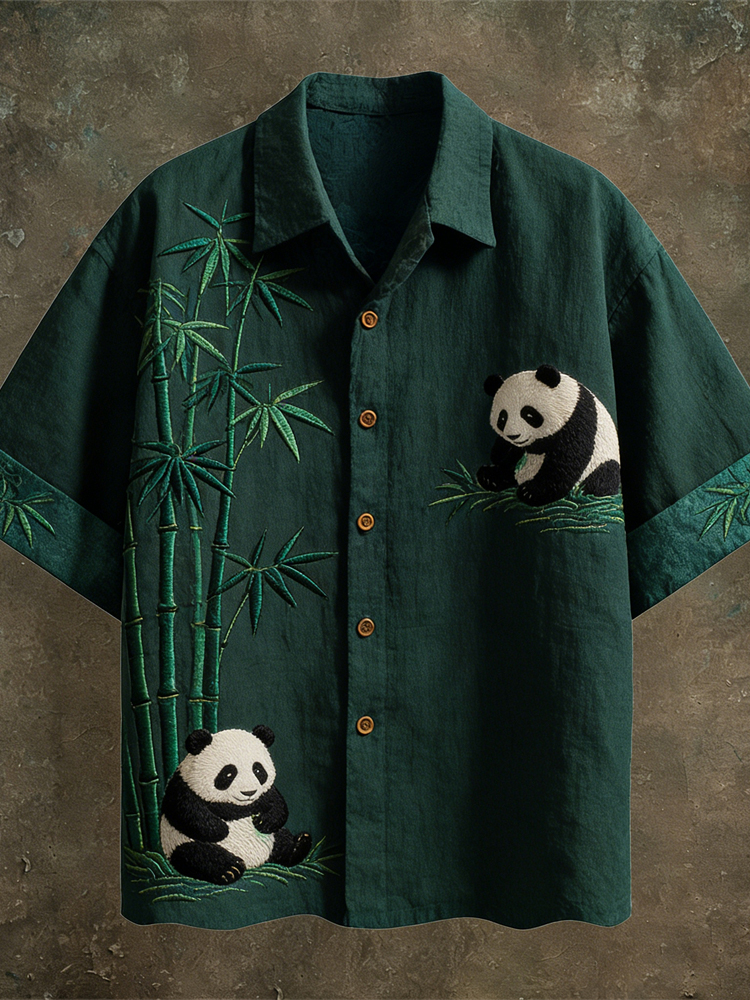 Vintage Panda & Bamboo Pattern Linen Short Sleeve Shirt