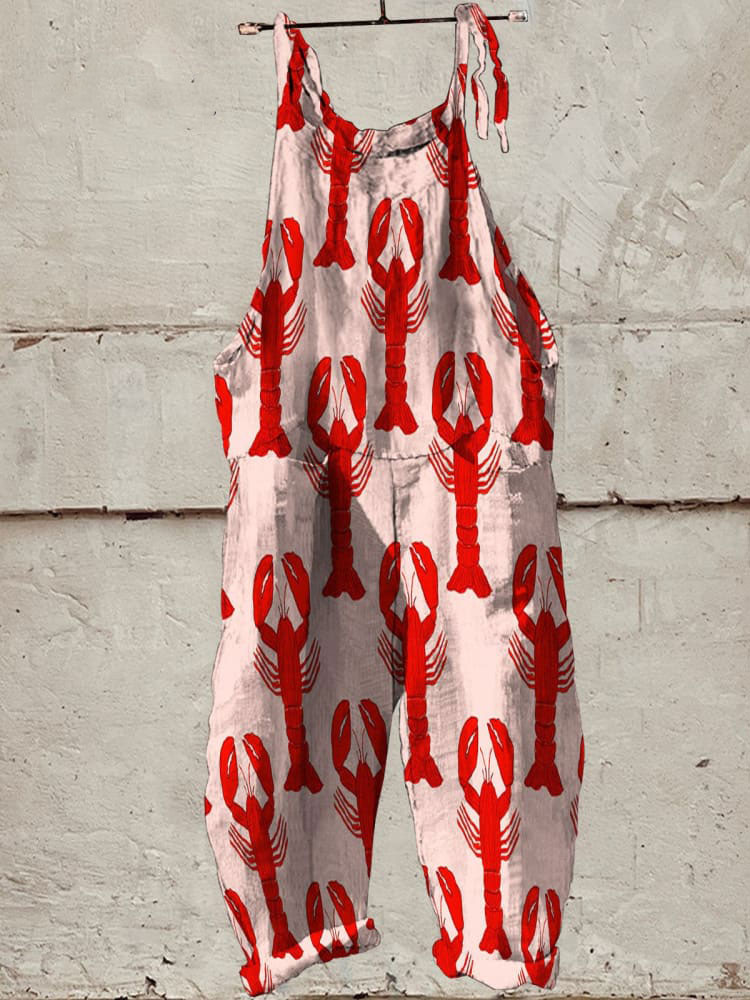 Red Lobster Decorative Pattern Casual Wide-Leg Jumpsuit