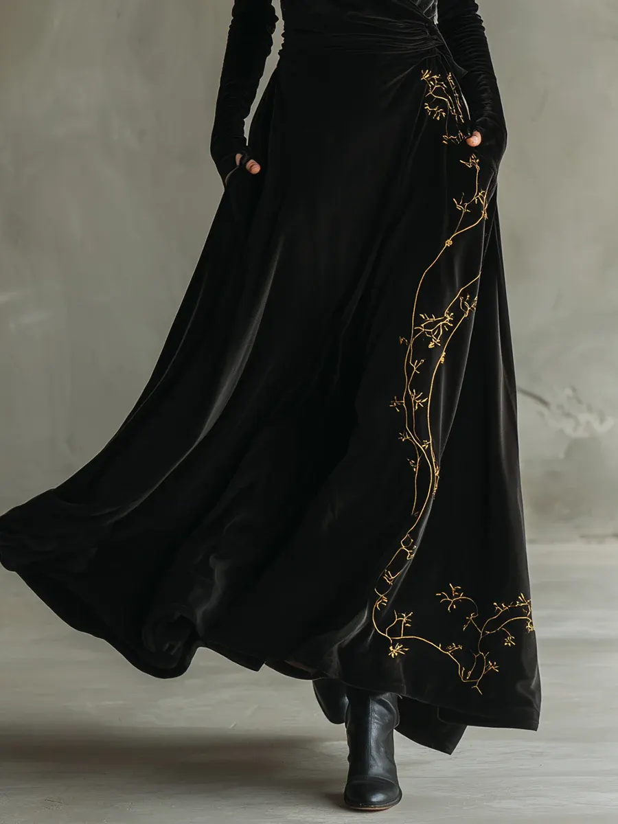 Black Pile Collar Velvet Embroidered A-line Maxi Dress