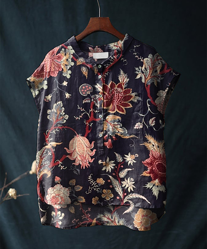 Vintage Floral Print Short-sleeved Cotton & Linen Shirt