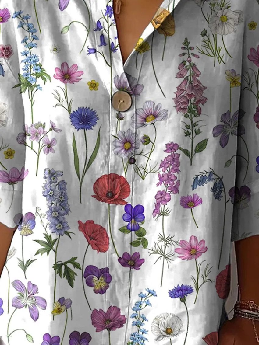 Spring Botanical Garden Pattern Printed Women's Casual Cotton Linen Shirt