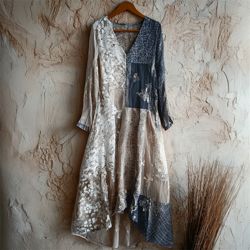 Japanese Floral Sashiko & Lace Flowy Maxi Dress