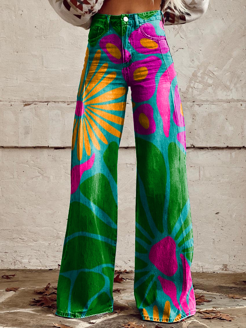 Retro Colorful Floral Art Casual Wide-Leg Pants