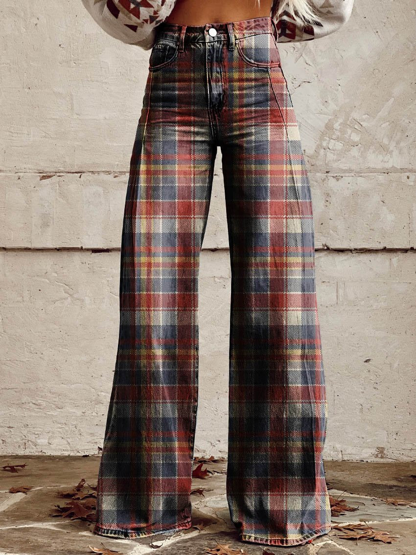 Red & Blue Plaid Print Casual Wide-Leg Pants