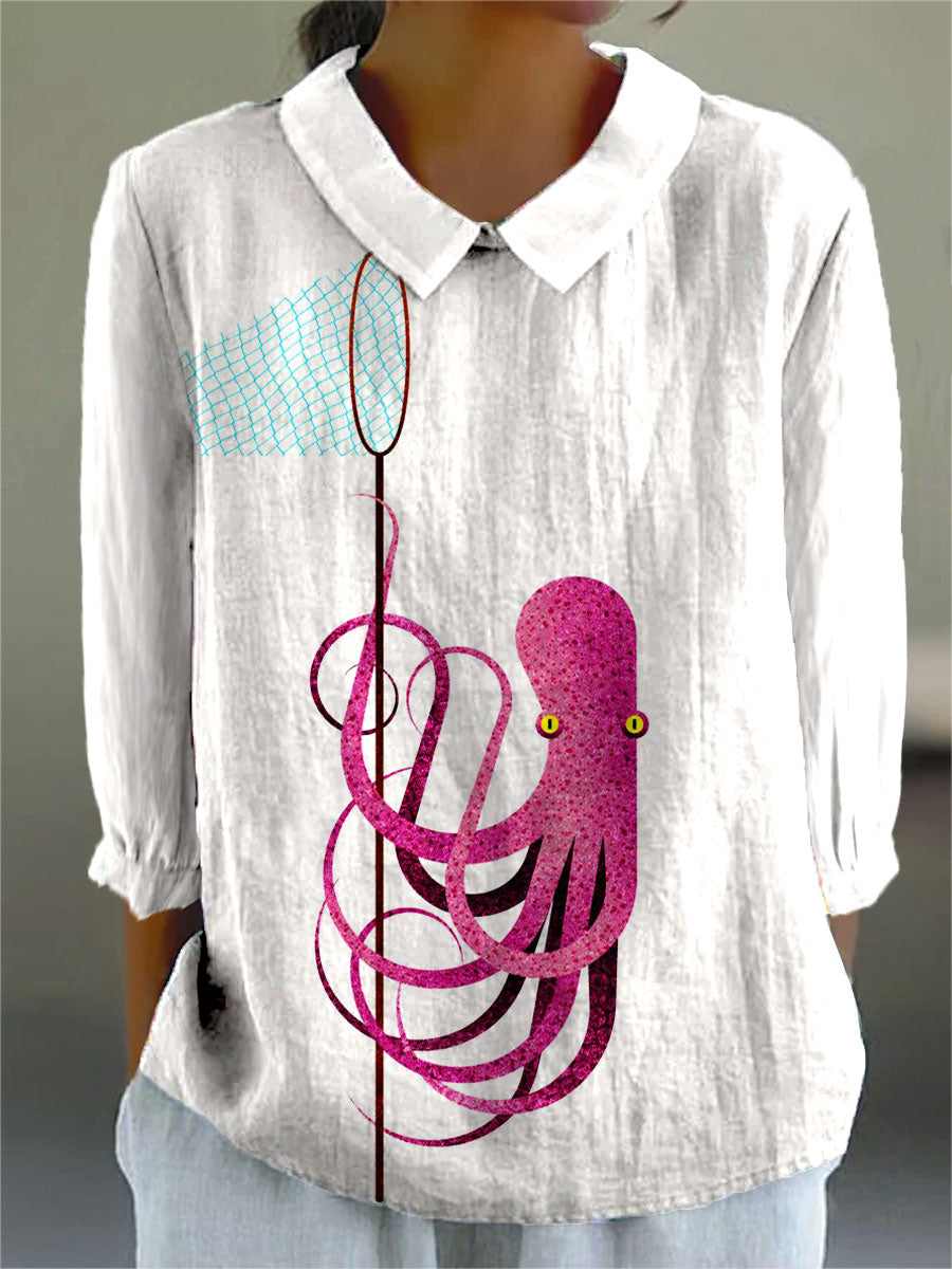 Vintage Octopus Art Print Casual Cotton & Linen 3/4 Sleeve Shirt
