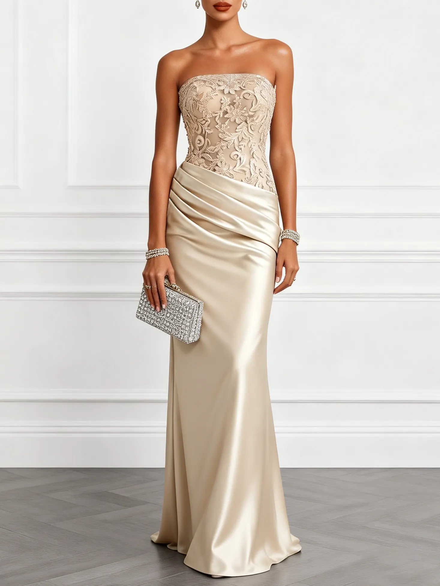 Champagne Jacquard Satin Strapless Sleeveless Mermaid Gown