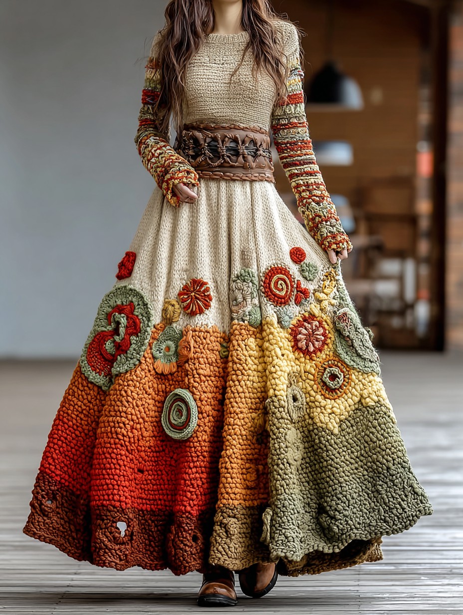 Vintage Floral Crochet Colorblock Cozy Maxi Sweater Dress