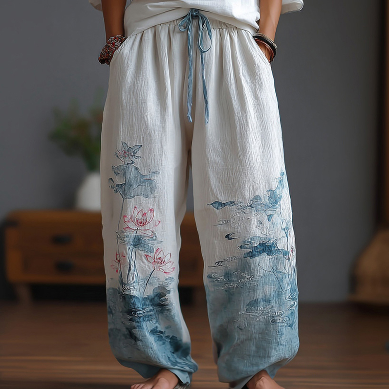 Japanese-style Lotus Pattern Linen Trousers