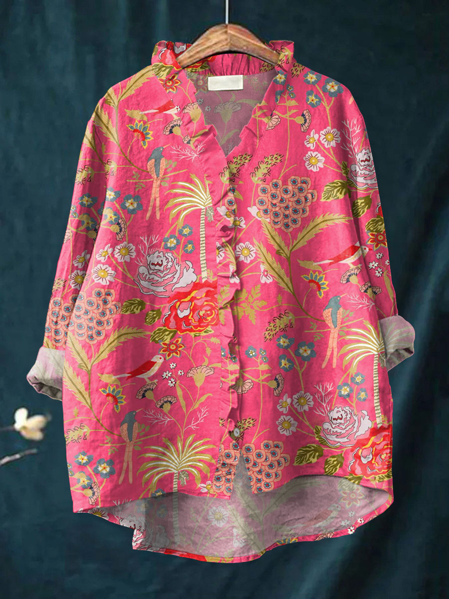 Vintage Flowers Art Print Casual Cotton & Linen Ruffle Shirt