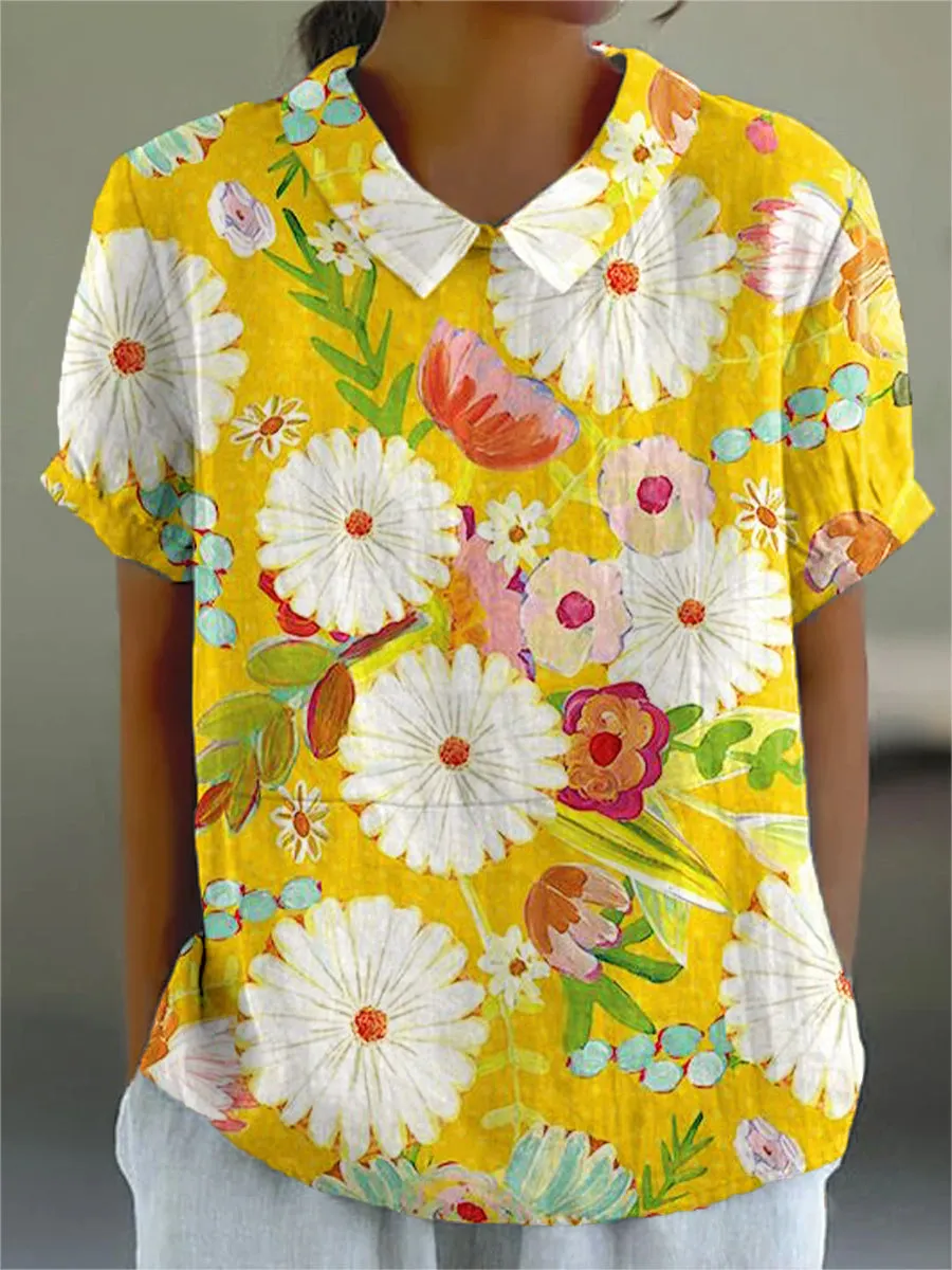 Beautiful White Chrysanthemum Flowers Painting Art Print Casual Cotton & Linen Shirt