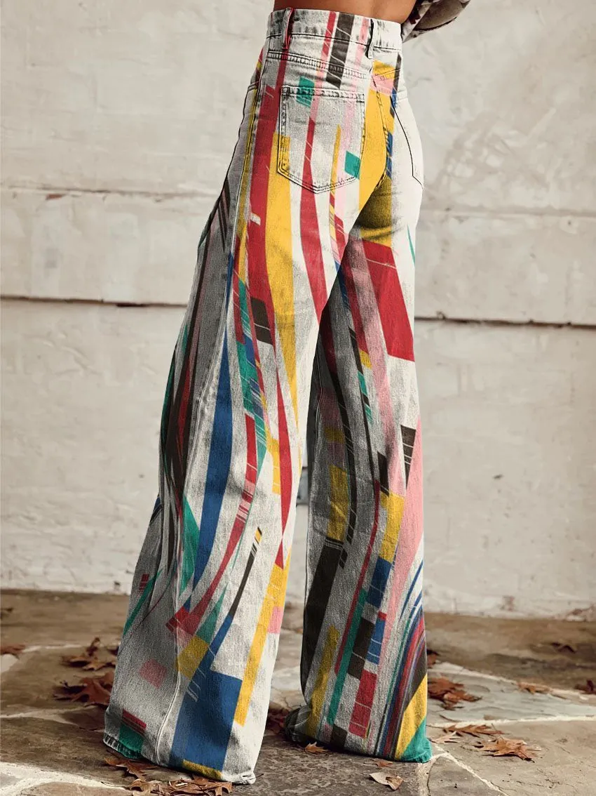 Color Chaos Geometry Print Casual Wide-Leg Pants