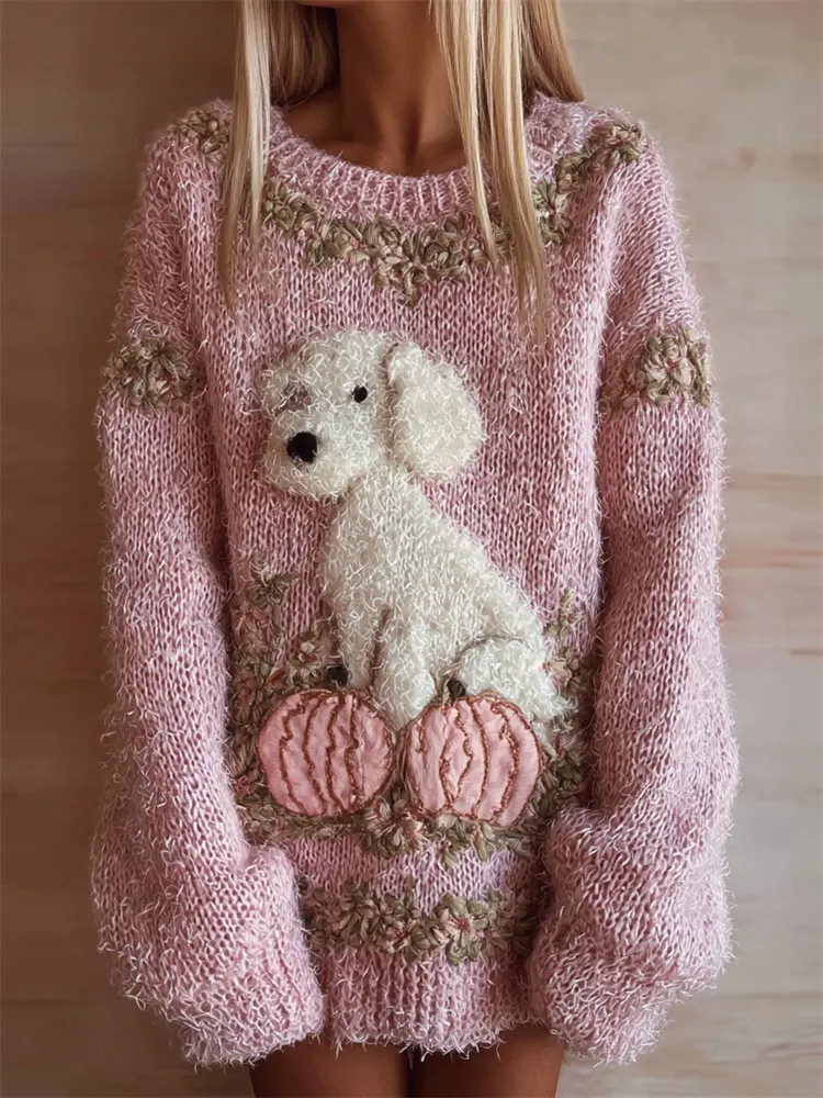 Fuzzy Dog & Pink Pumpkins Cozy Knit Sweayer