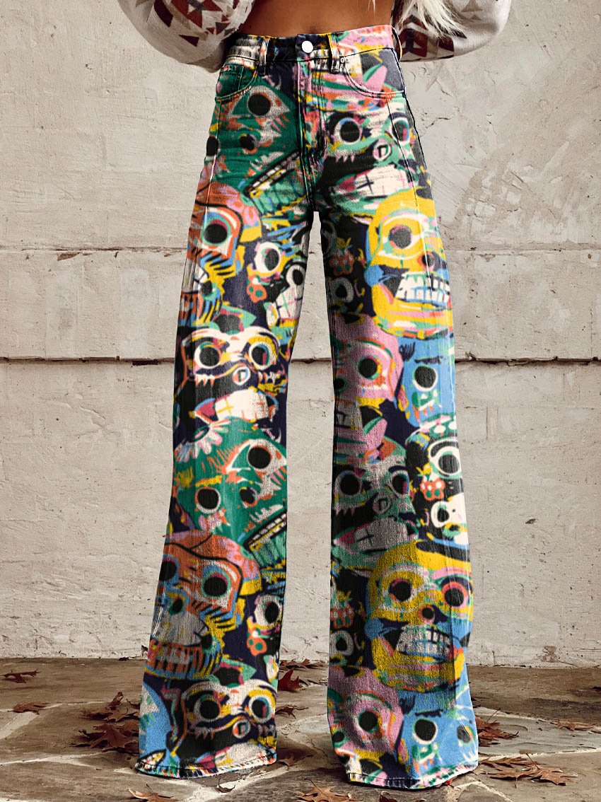 Color Skull Casual Wide-Leg Pants