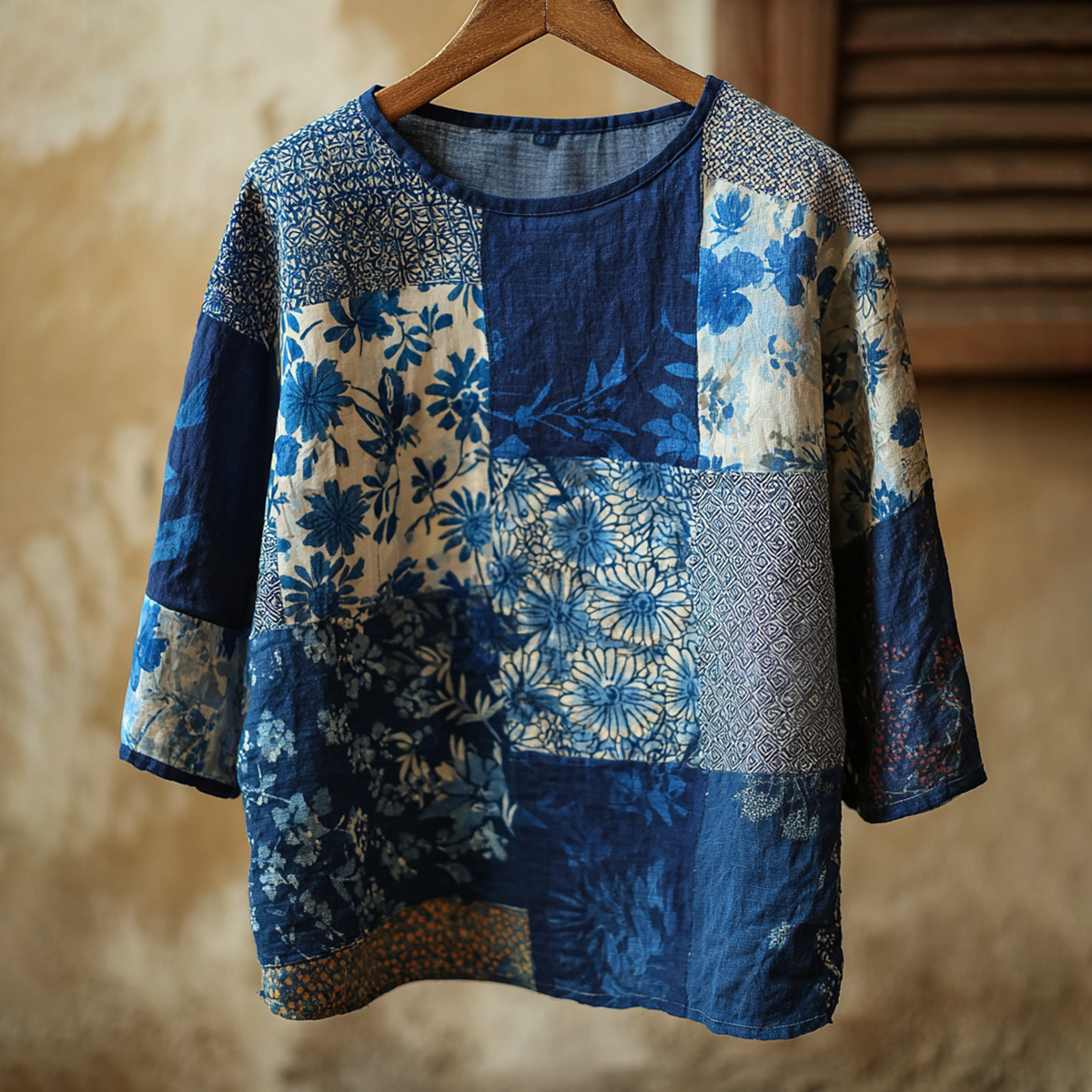 Vintage Japanese Floral Patchwork Art Pattern Linen Blend Casual Tops
