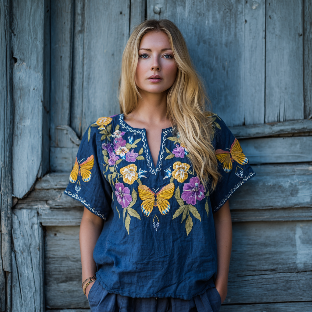 Women's Purple Pansy Butterfly Embroidery V-neck Shirt