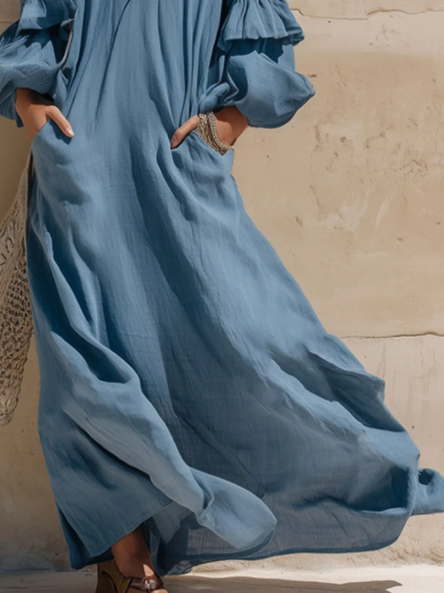 Loose-fitting V-neck Ruffled Double-pocket Cotton & Linen Long-sleeved Maxi Dress