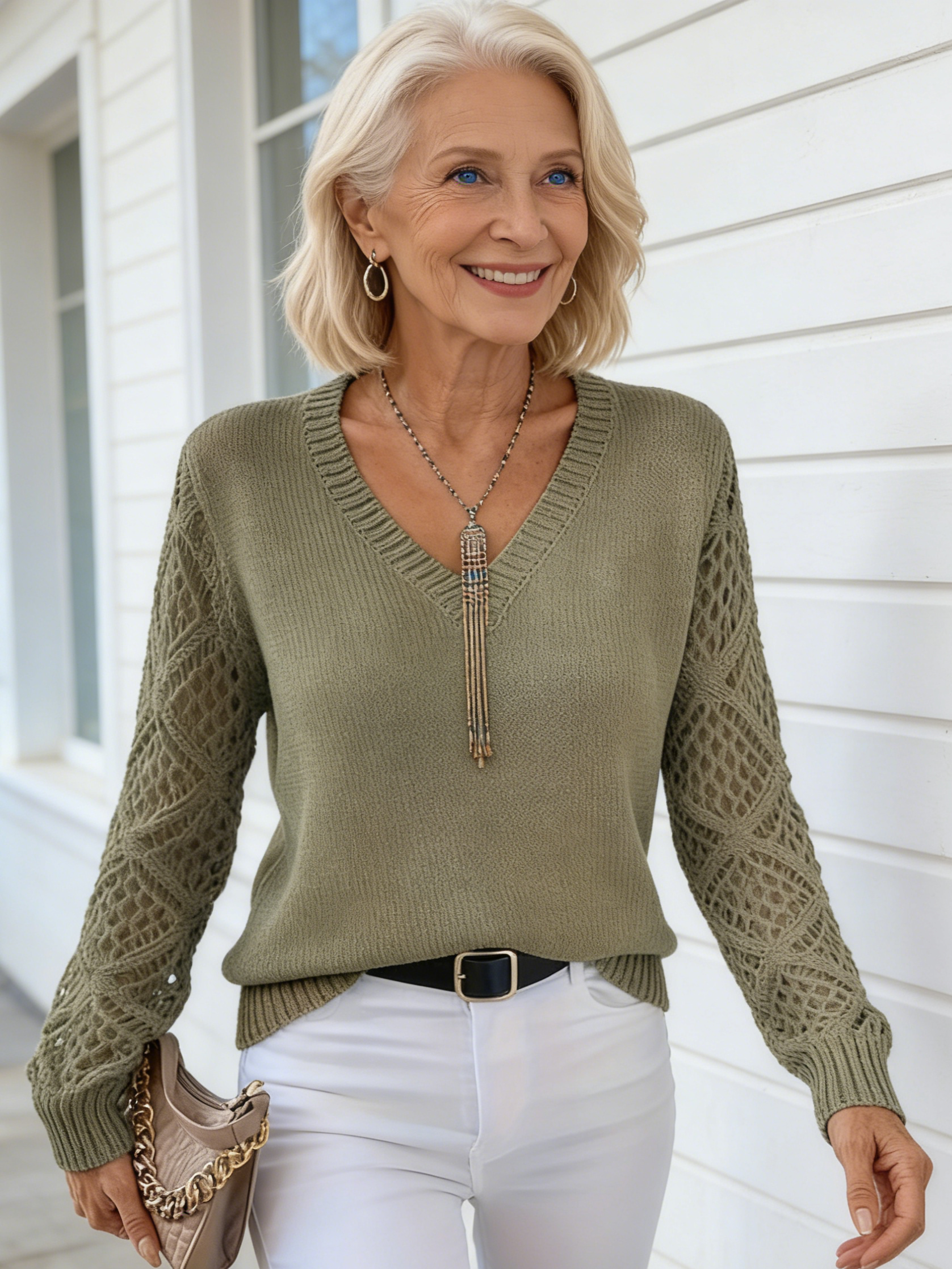 Orange Openwork-Sleeve Knit Top
