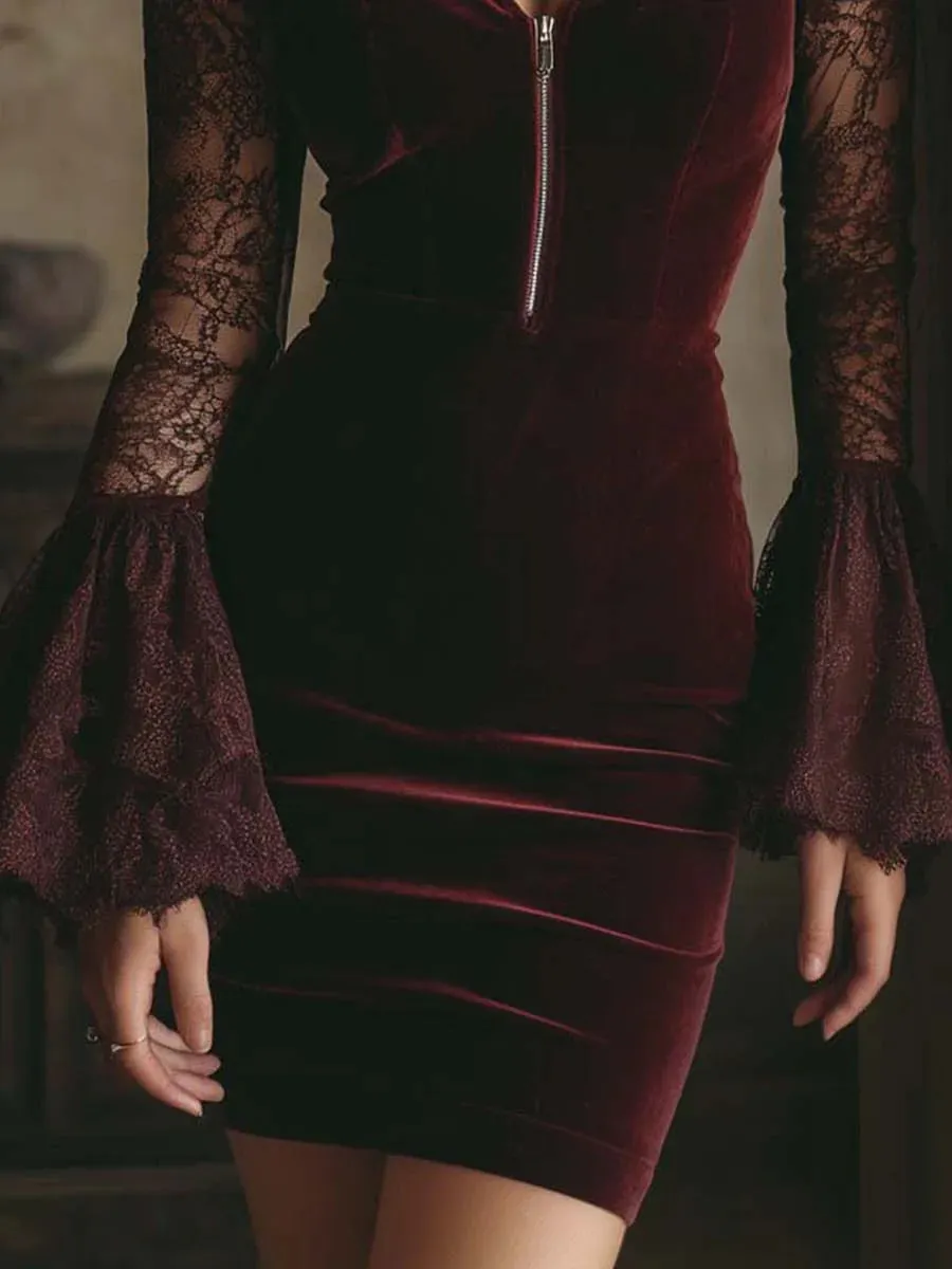 & Lace Bodycon Mini Dress In Burgundy
