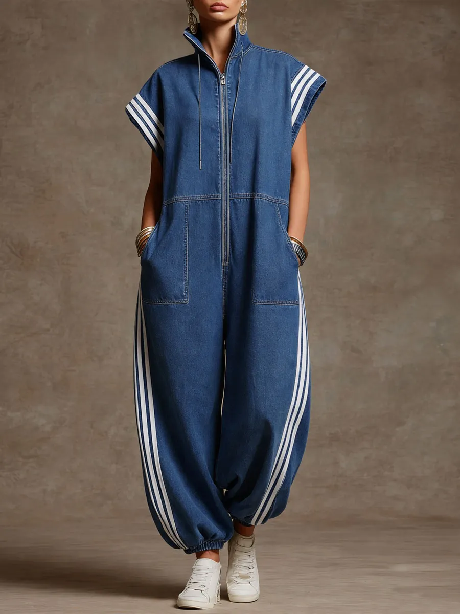 Stand-collar Short-sleeved Casual Loose Denim Wide-leg Jumpsuit
