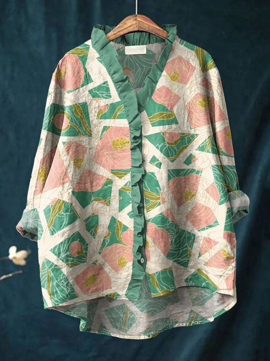 Vintage Floral Art Print Casual Cotton & Linen Ruffle Shirt