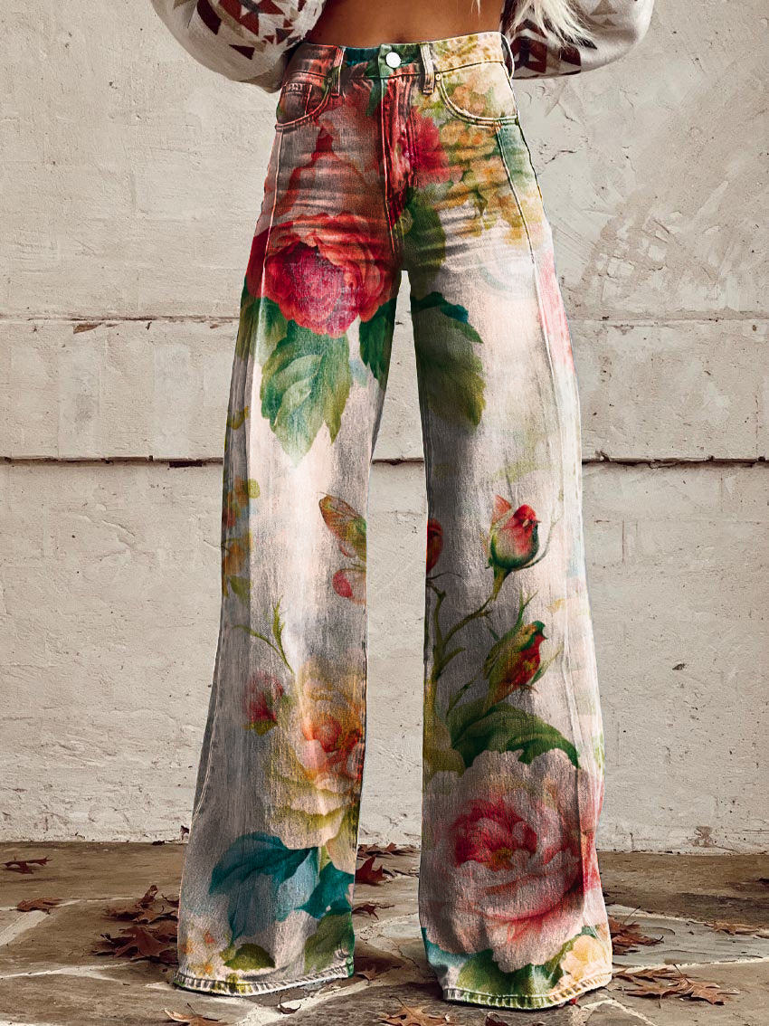 Floral Print Casual Wide-Leg Pants