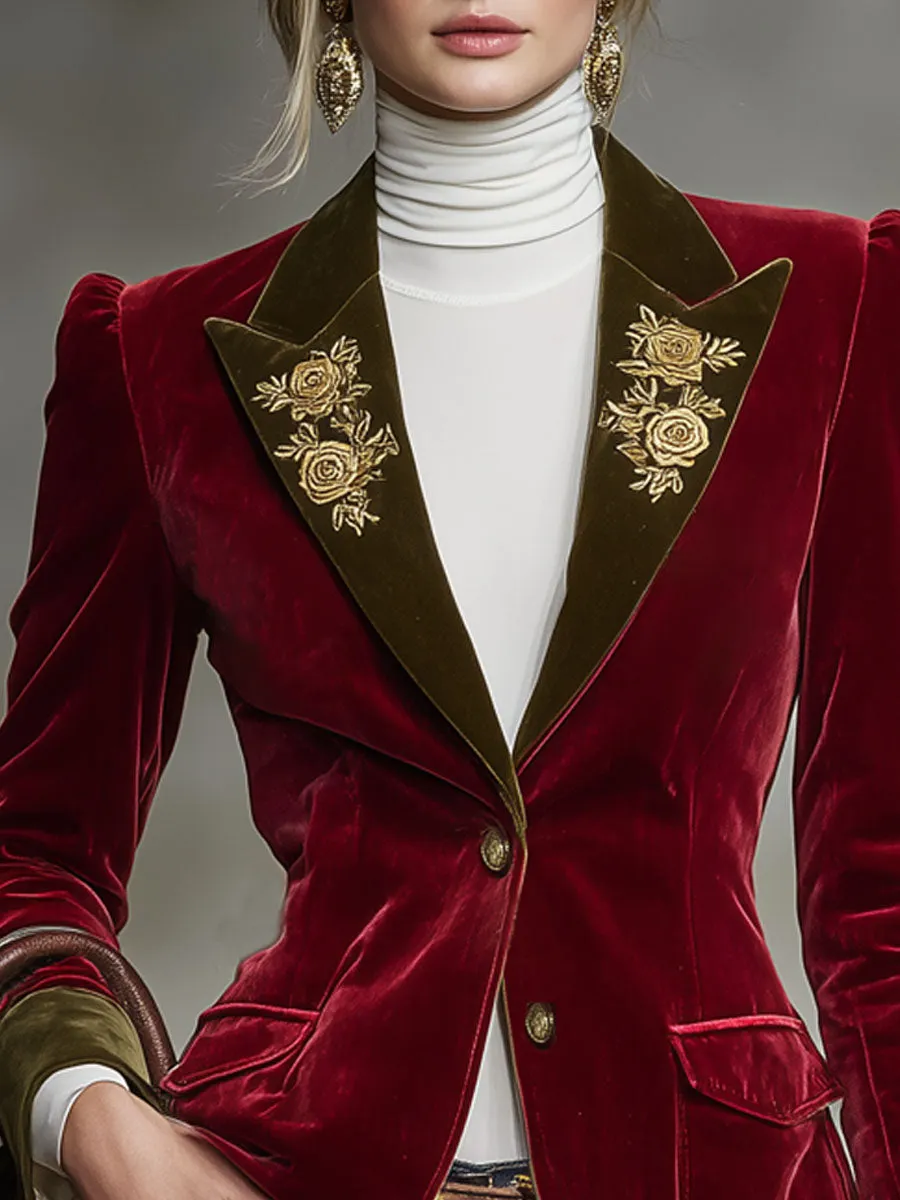 Color-blocked Velvet Patchwork Floral Embroidered Double-pocket Blazer