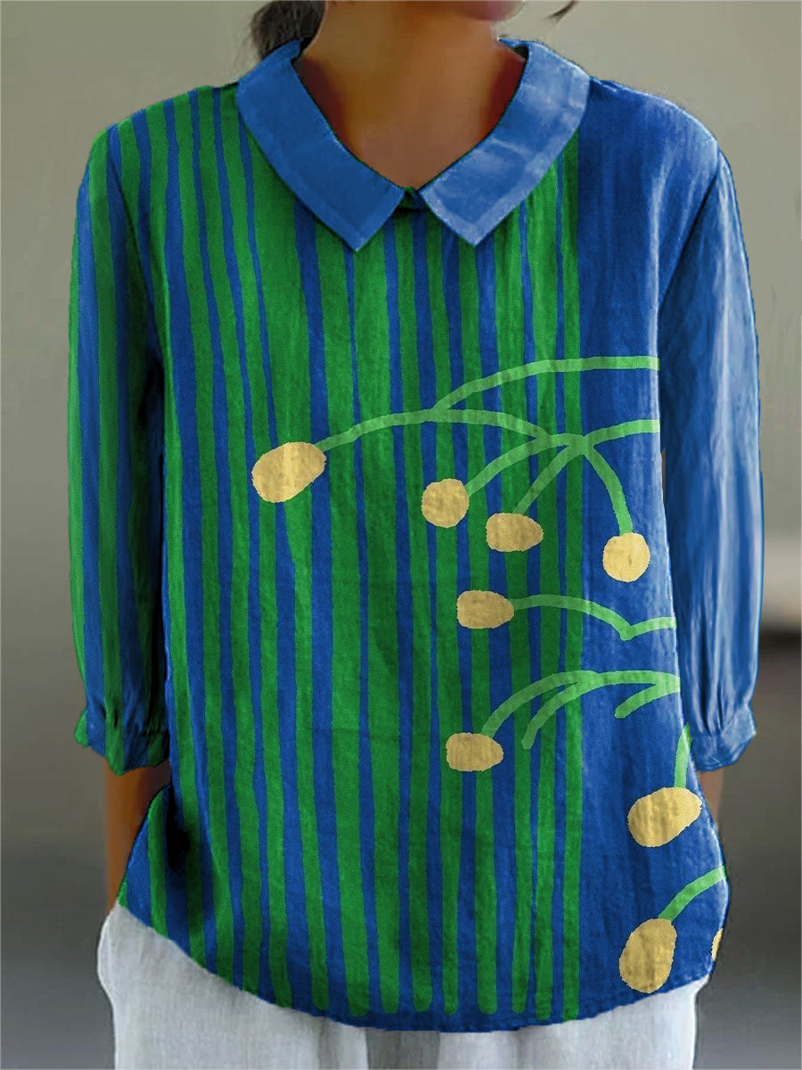Colorblock Line Art Print Casual Cotton & Linen 3/4 Sleeve Shirt