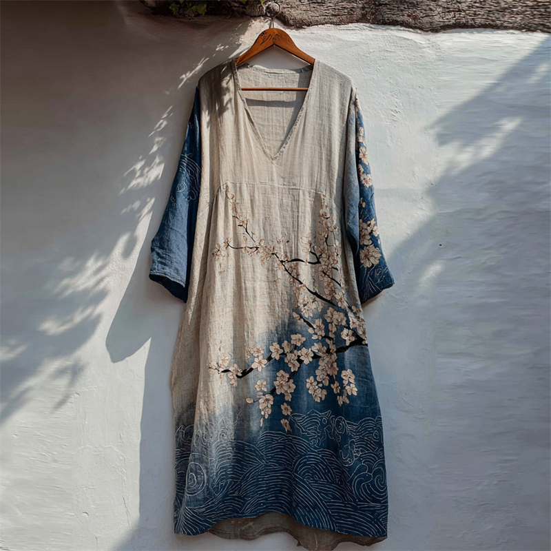 Japanese Cherry Blossom Sea Waves Contrast Gradient Linen Dress