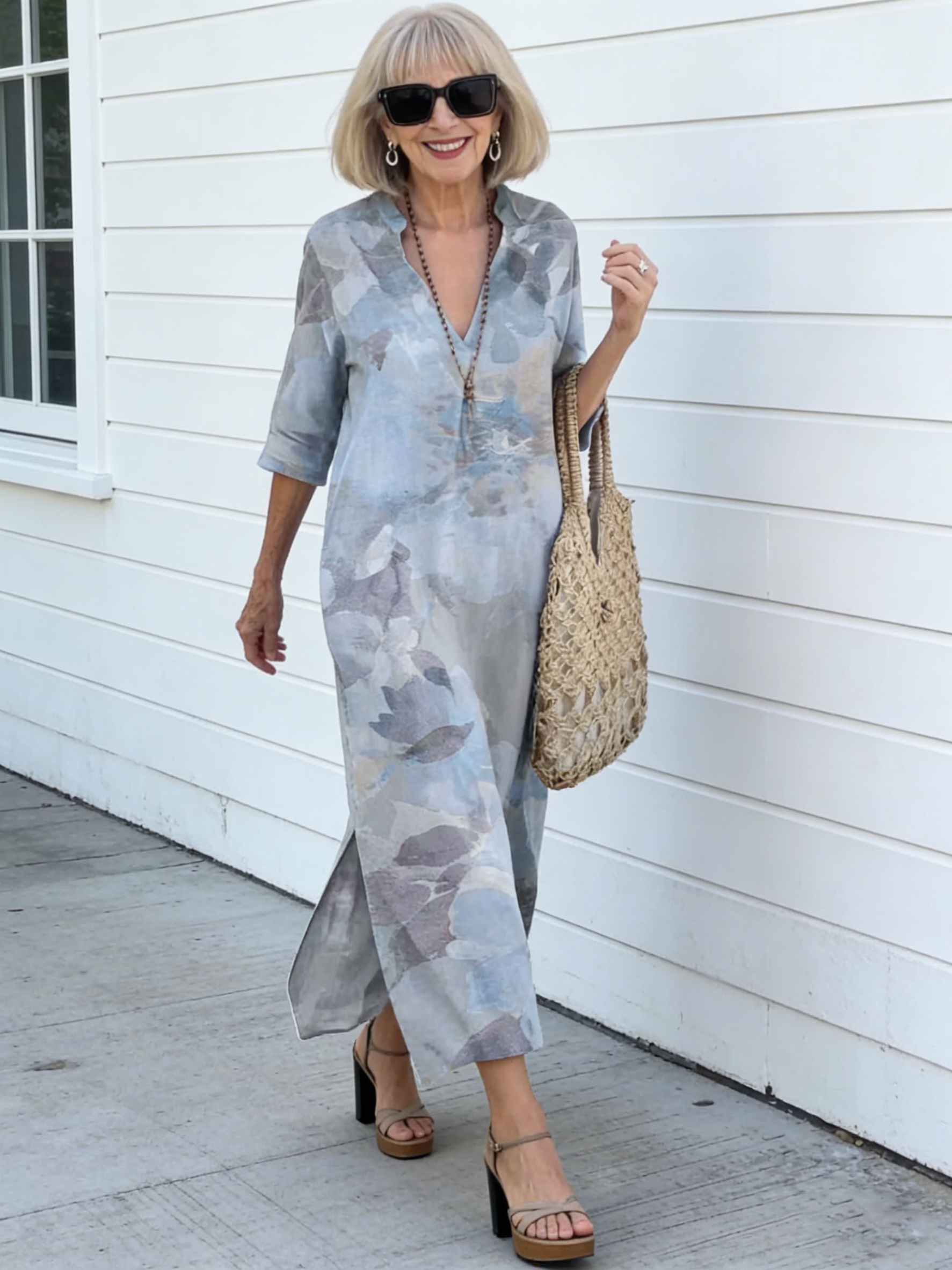 Ivory Floral V-Neck Maxi Dress
