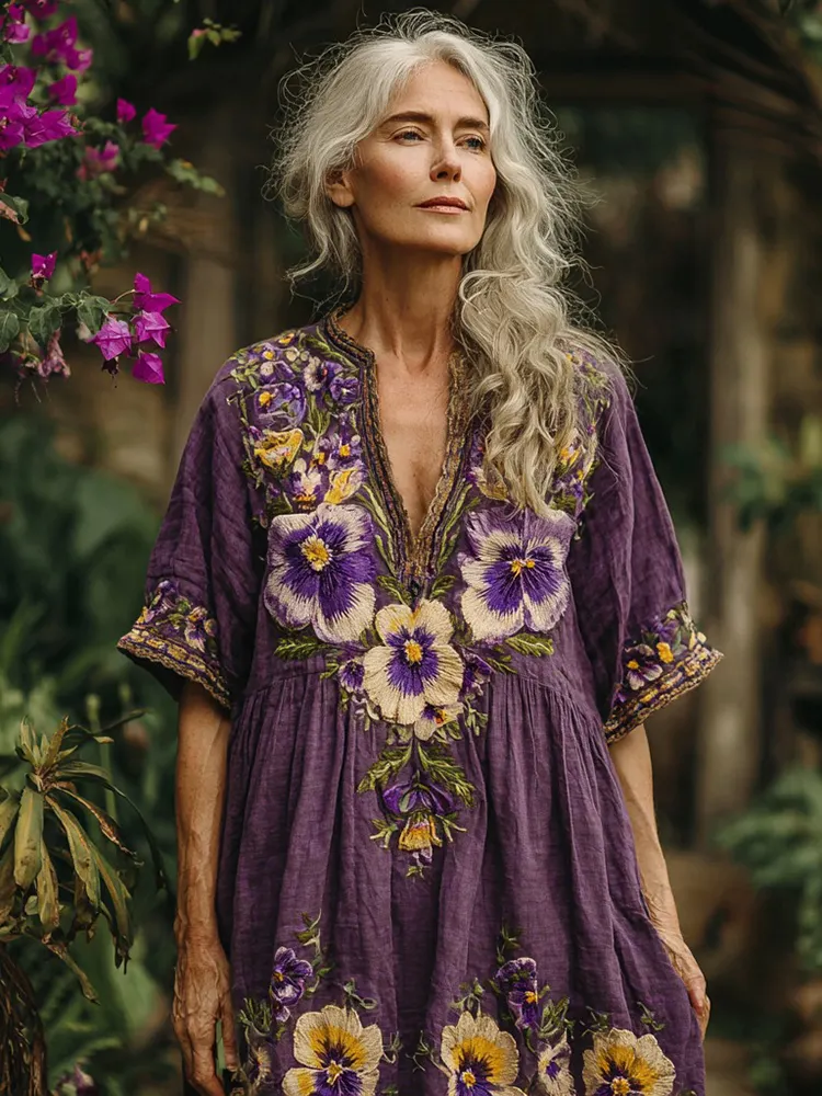 Women's Pansy Embroidery Design Inspired Art Casual V Neck Maxi Dress