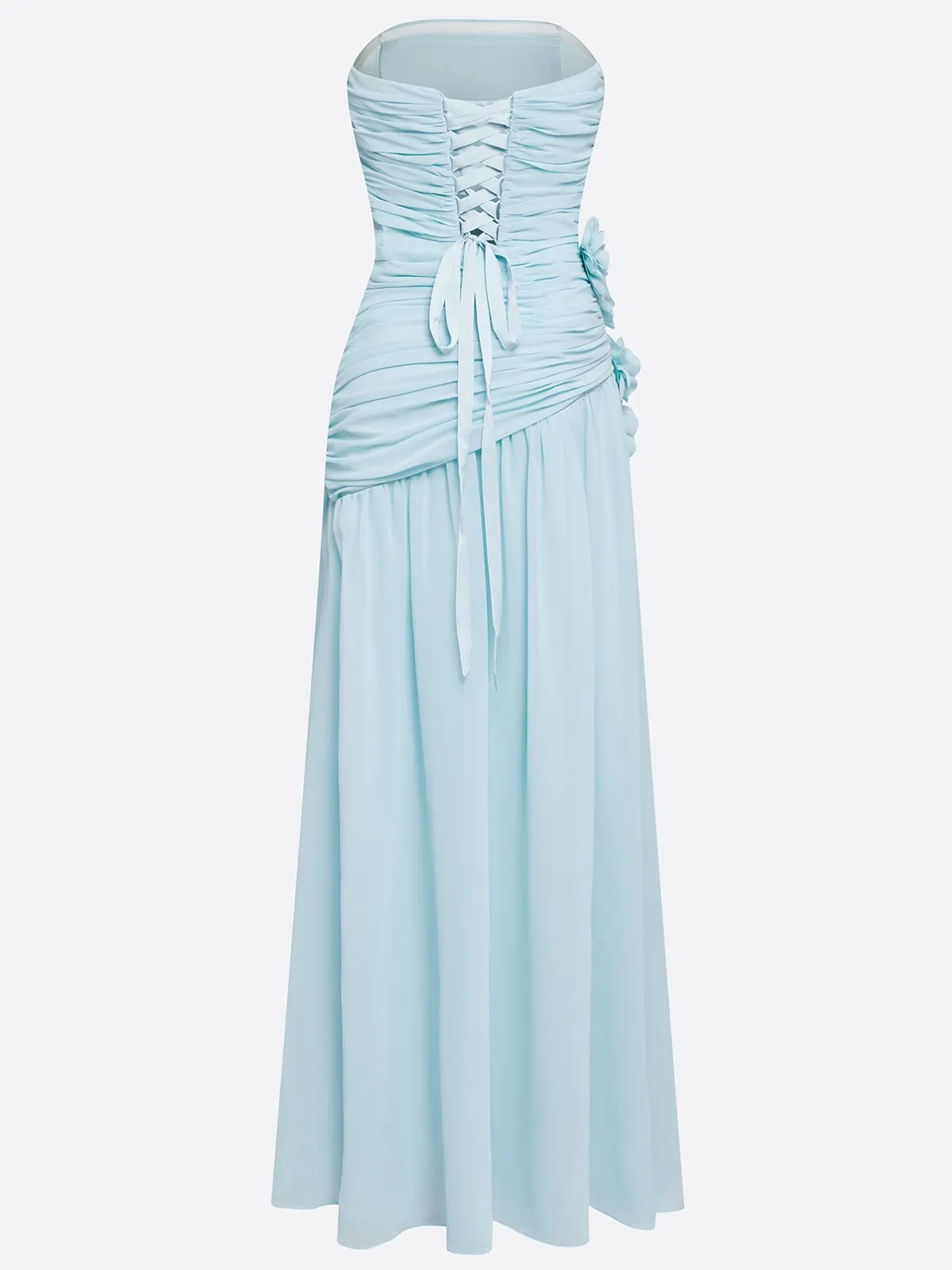 Blue Ruched 3D Floral Chiffon Strapless Sleeveless A-Line Floor-length Gown