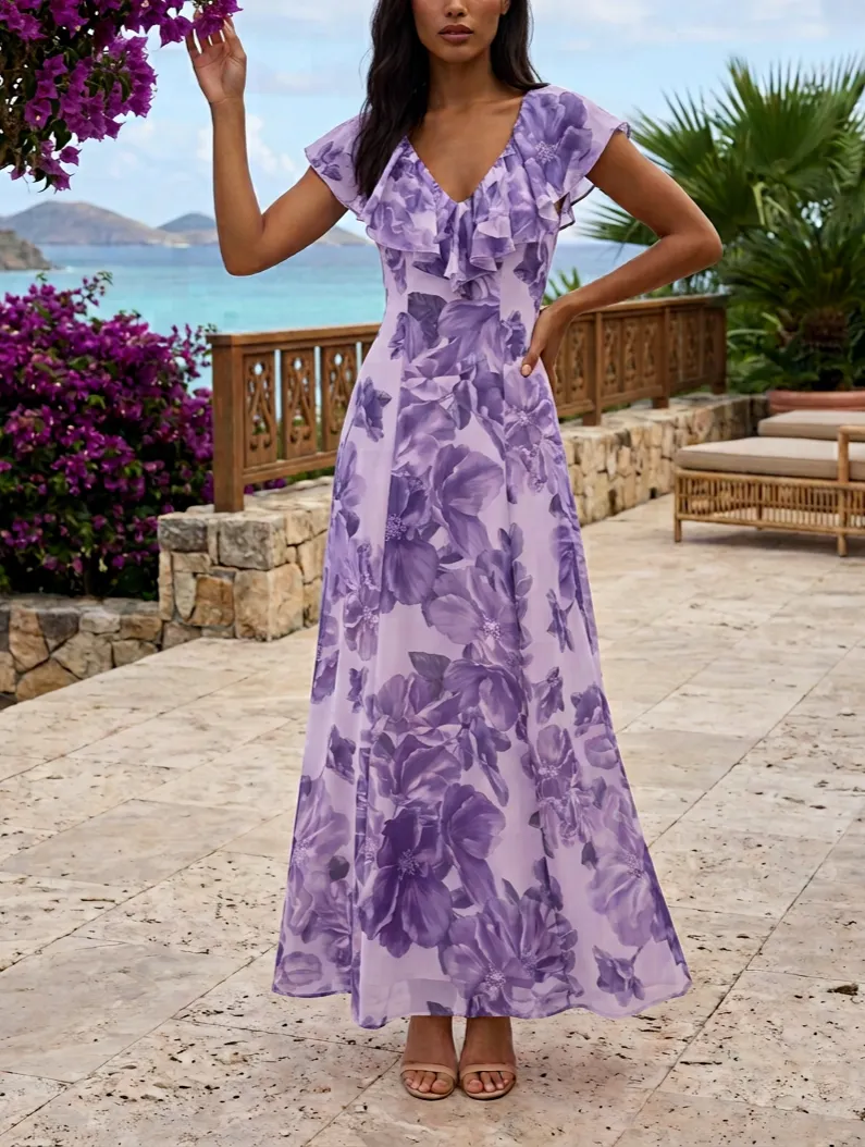 Lavender Purple Floral Chiffon Maxi Dress