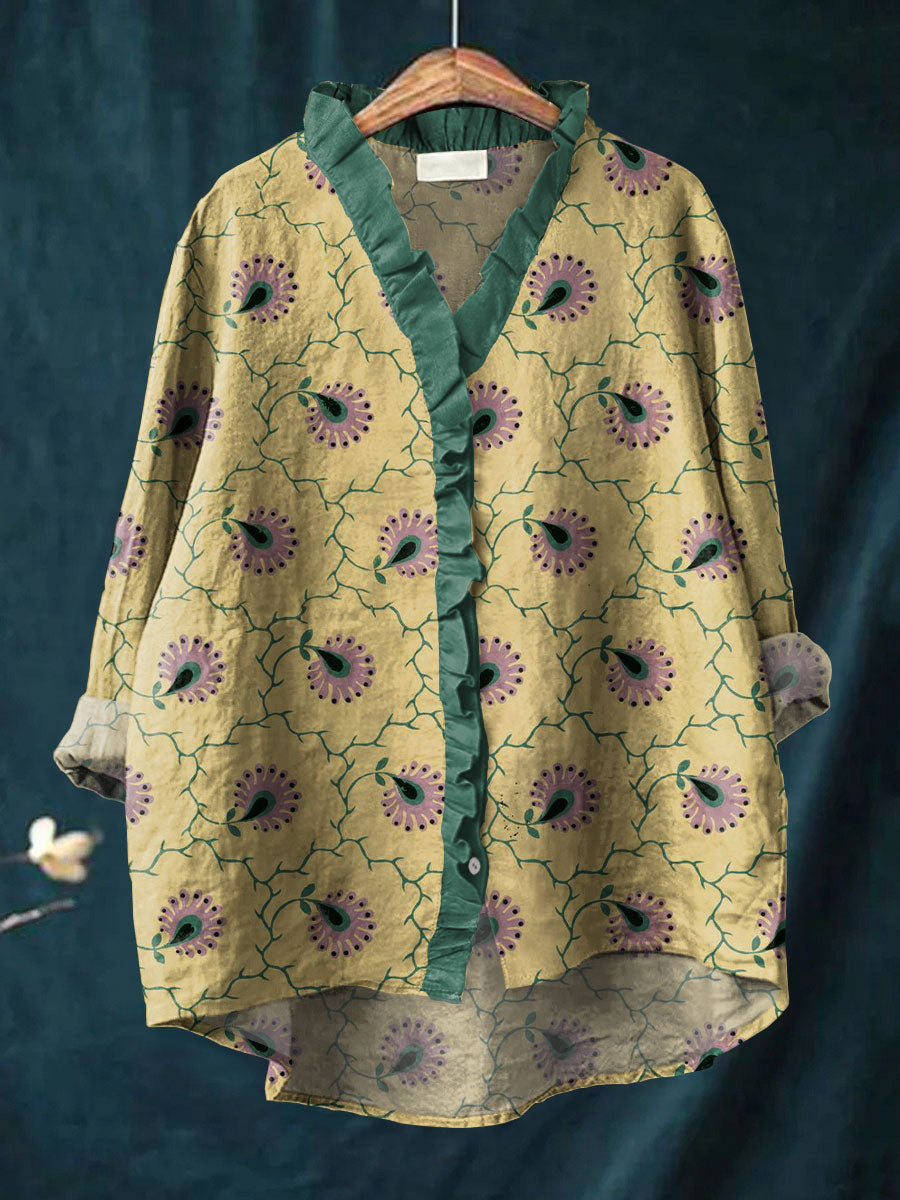 Vintage Floral Art Print Casual Cotton & Linen Ruffle Shirt
