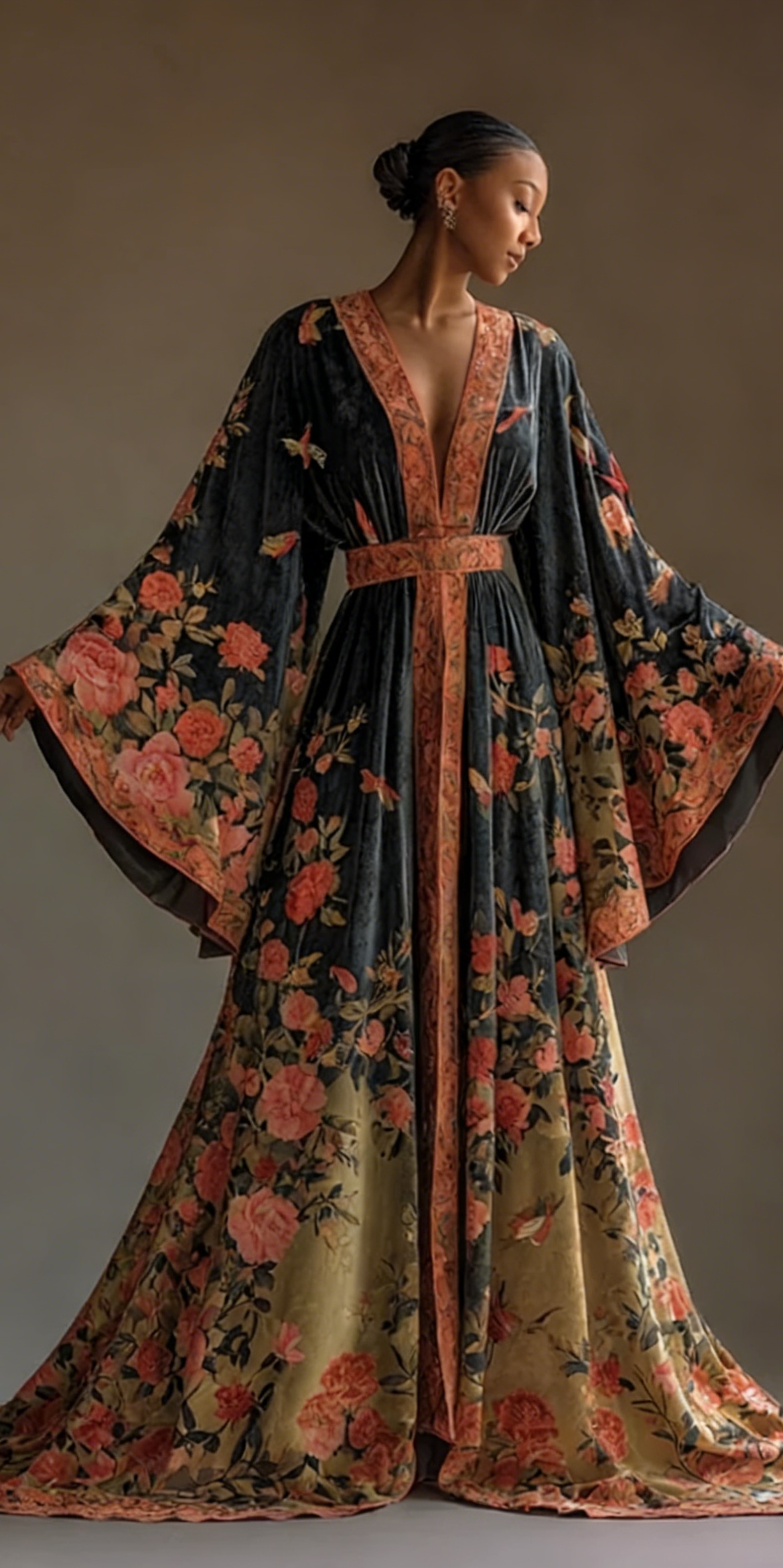 Elegant autumn/winter vintage floral style velvet robe (with belt)